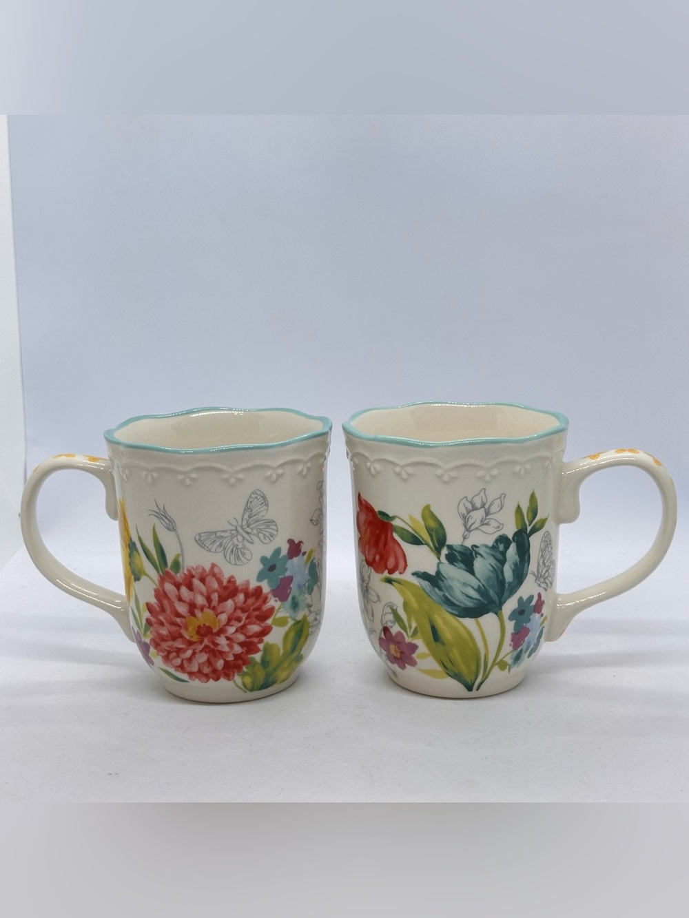 Set/2 Pioneer Woman Blooming Bouquet Scalloped Teal Rim Mugs 18oz Floral Cottage